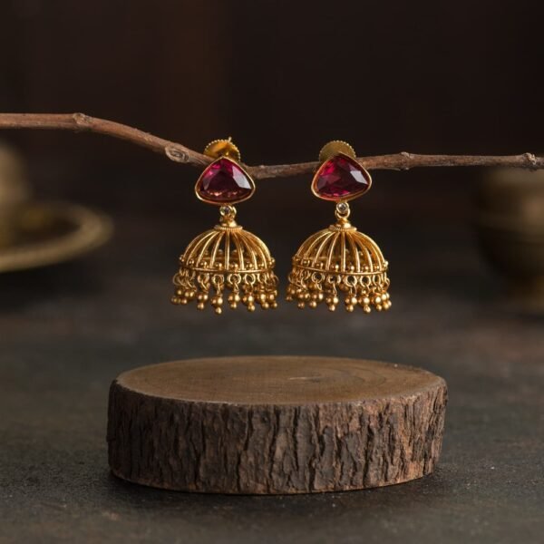 Antique Gold Jhumka - Maroon