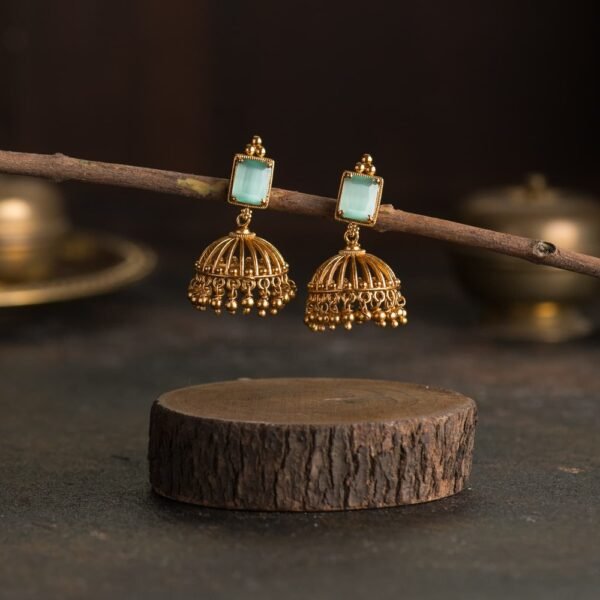 Antique Gold Jhumka - Pastel Green